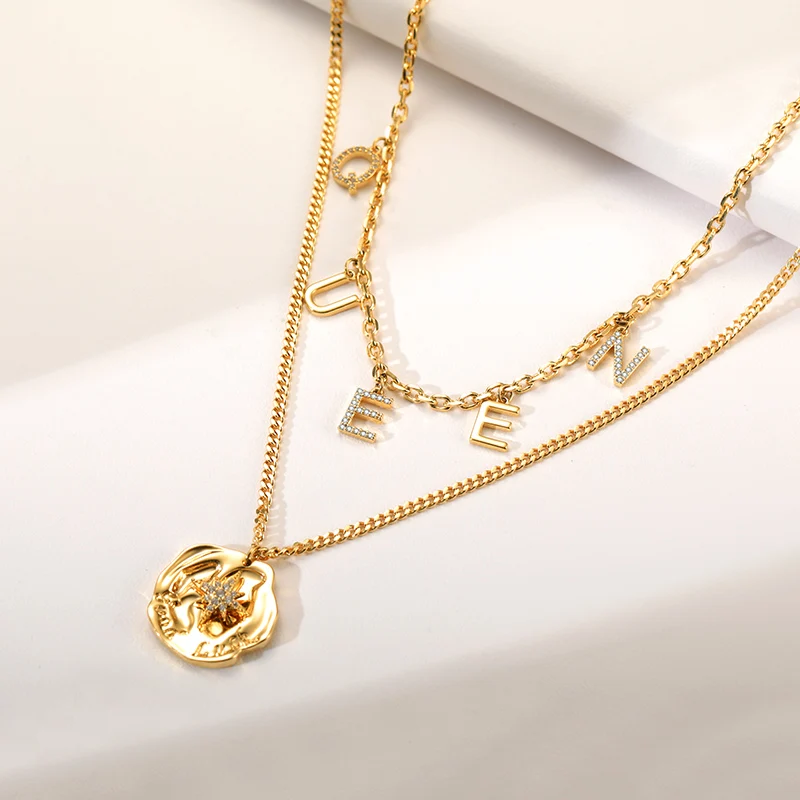 

Trendy Letter jewelry 925 sterling silver gold plated necklace double layer necklace chain for women, Gold color