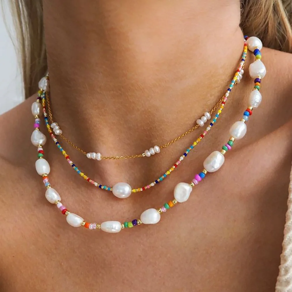 

Summer Beach Jewelry Stainless Steel Chain Colorful Bohemian Seed Beads Real Natural Freshwater Pearl Choker Necklace Women