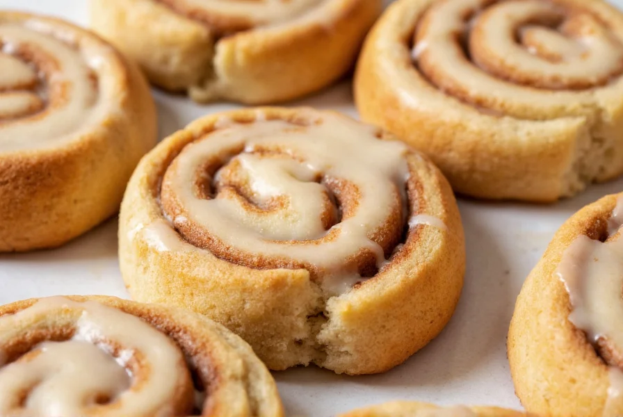 Close-up showing melted cream cheese frosting on cinnamon swirl