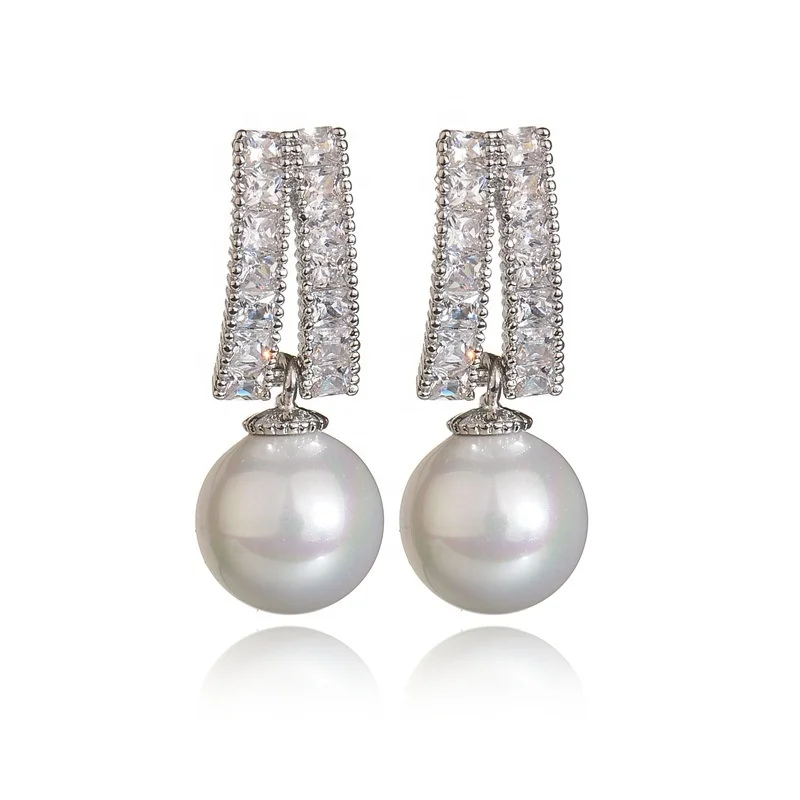 

Luxury high fashion wedding jewelry crystal zircon geometric pearl dangle earrings for women trendy 2021, Silver gold
