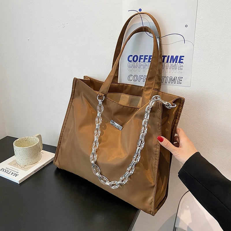 

Simple trend summer all-match large-capacity nylon shoulder bag high-quality acrylic chain fashion lady tote bag, Black,brown