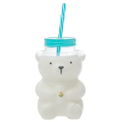 

550ml Cute Cartoon Bear Cup Creative Heat Resistant Glass Water Bottle With Straw Juice Milk Kids Clear Drinking Bottles