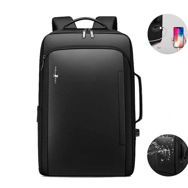 

WILLIAMPOLO Trendy Microfiber Waterproof Bottom Hidden Compartment 15.6 inch Laptop Backpack with USB, Black