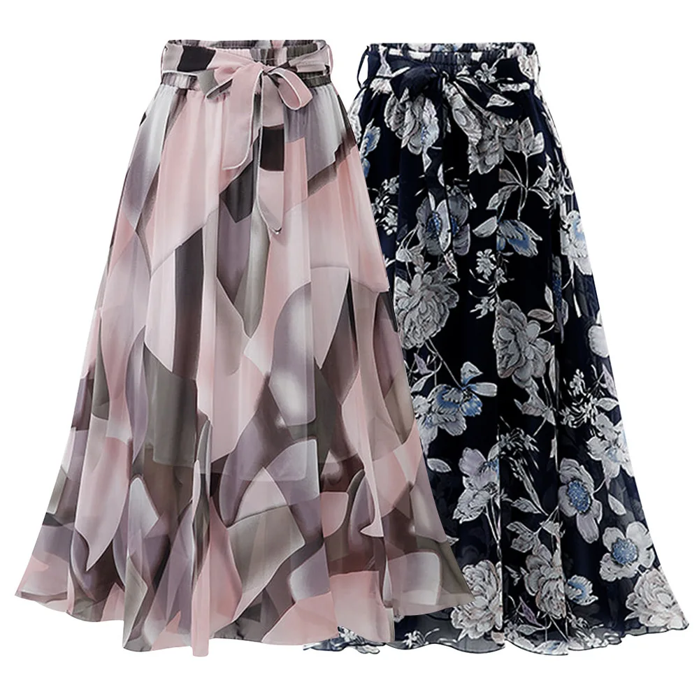 

summer women clothing new floral chiffon skirt mid-length print dress women clothing casual skirt, Black/pink