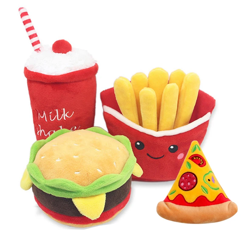 

Wholesale Eco Friendly Cute Fast Food Hamburg Soft Durable Pet Squeaky Toy Plush Dog Toys