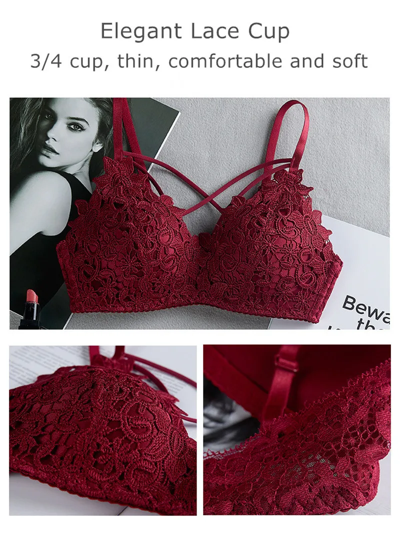 New fashion underwear women sexy thin lingerie set 3/4 Cup embroidered lace wireless sexy bra brief sets