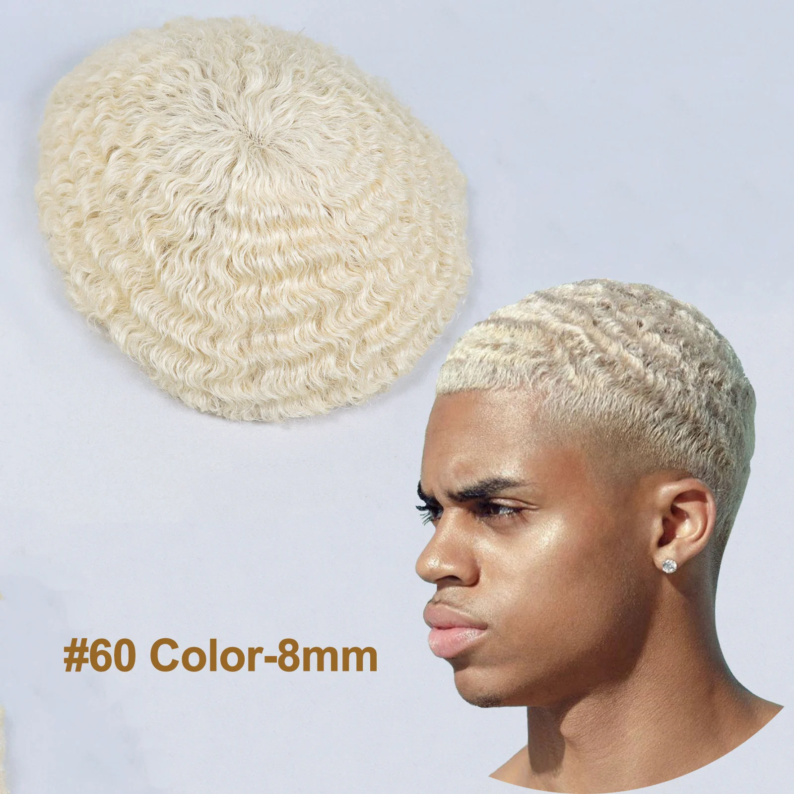 

Human Hair Toupee For Men 8mm Afro Wave #60 Platinum Blonde Color 120% Density Human Hair Replacement French Lace Toupee