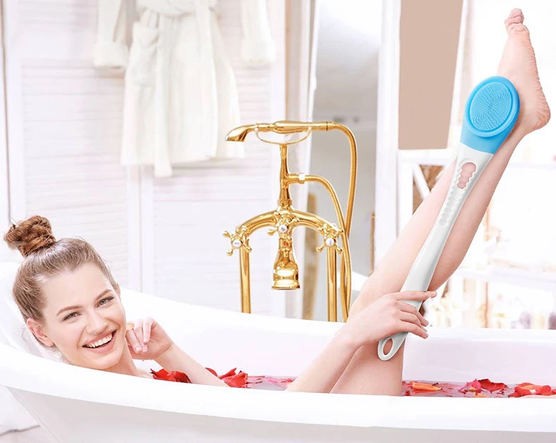 

Long Handle Waterproof Silicone Bath Brush Body Massager Electric Shower Brush with 3 Levesl Vibration, Blue