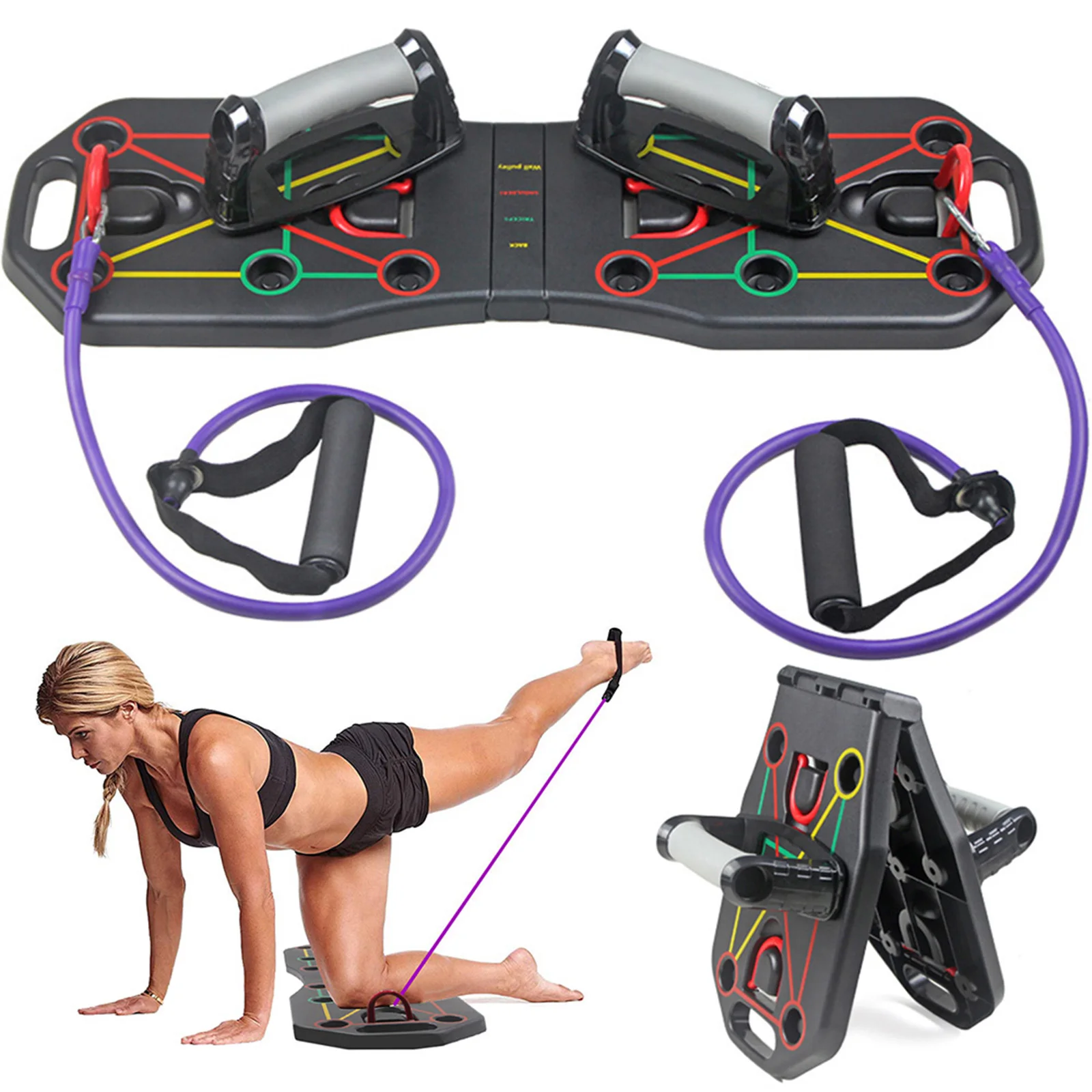 

14 in 1 Home Gym Abdominal Training Portable Foldable Rack Power Press Push up Board System with resistance bands