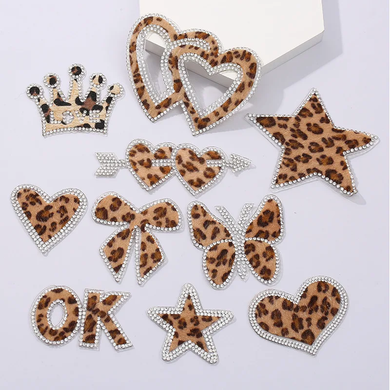 

hot sale heart star bow design leopard fabric iron on rhinestone patches applique for shoes clothes cap