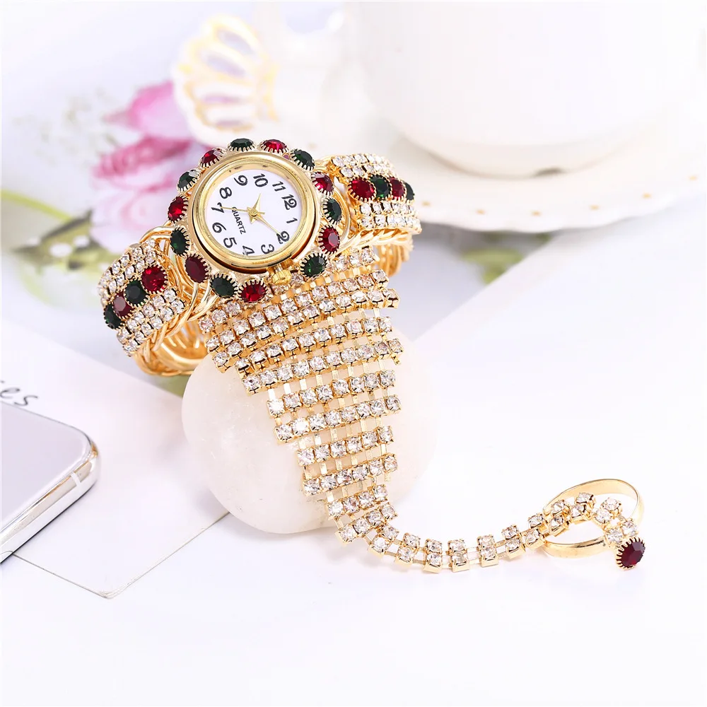 

Luxury jewelry ladies gift quartz diamond fashion chain ring set bracelet watch, As pic