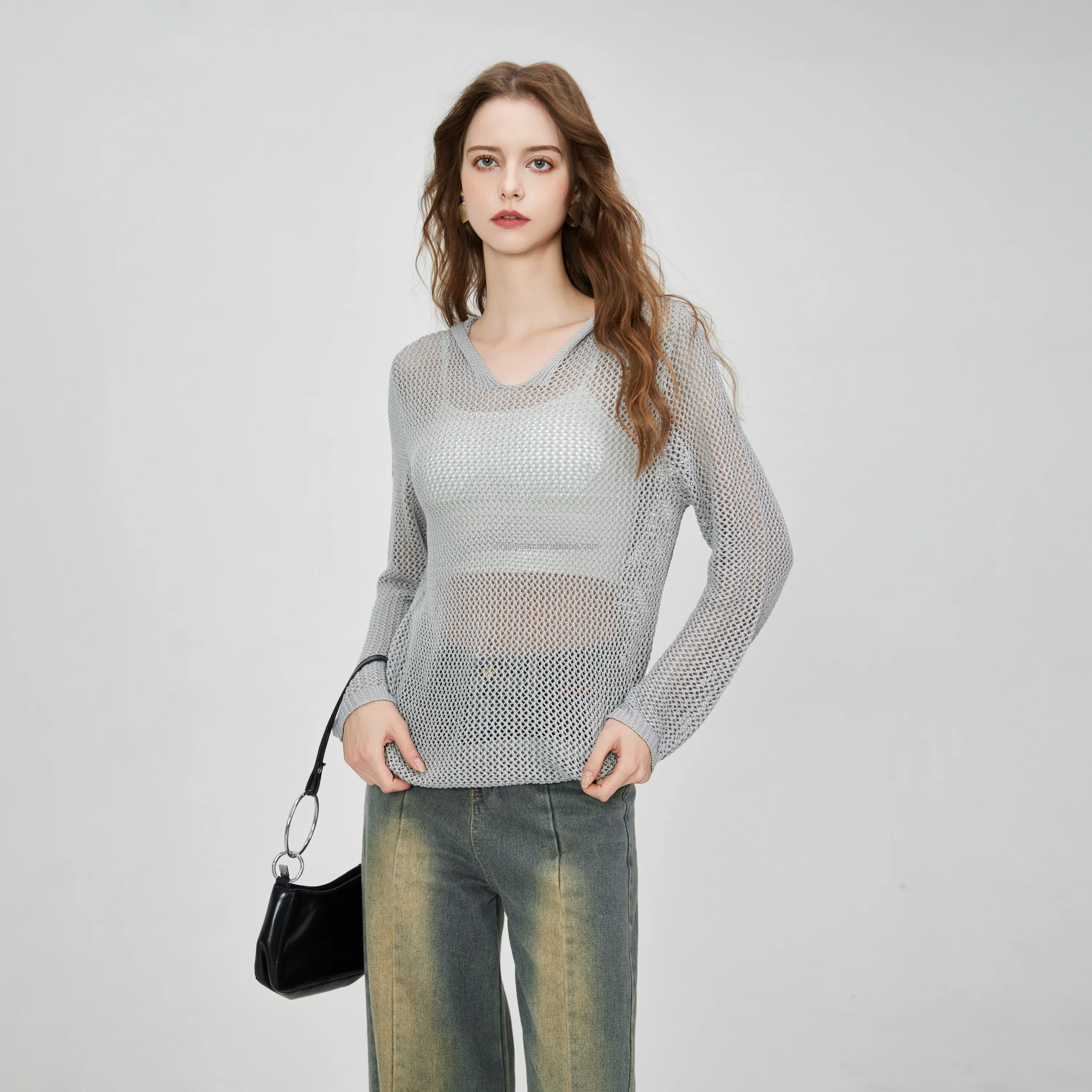 2025 Women's Casual Crochet Lightweight Hooded Long Sleeve Pullover Cordless Hollow Mesh Knitted Top