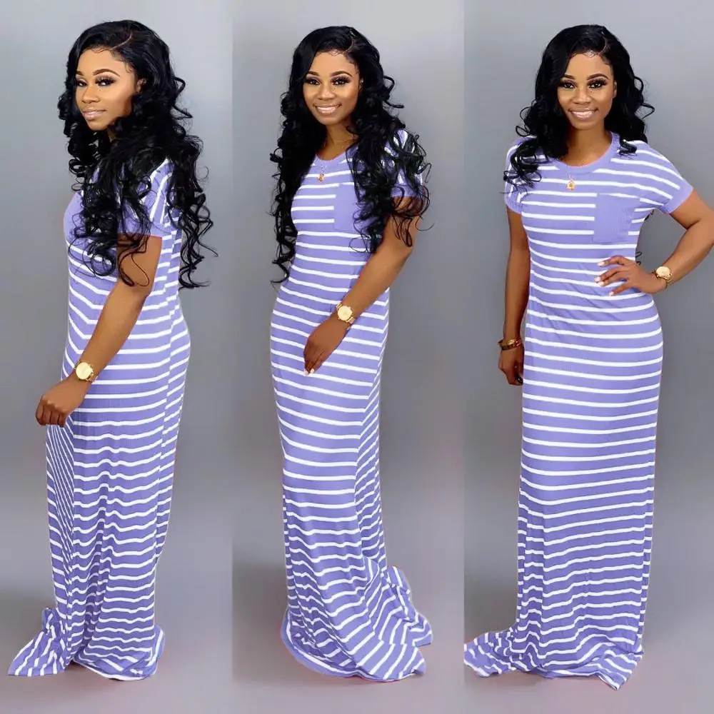 

Women's O Neck Printed Striped Long Sleeve Long Floor Dress Short Sleeve Summer 2021 Beach Maxi Dress, Customized color