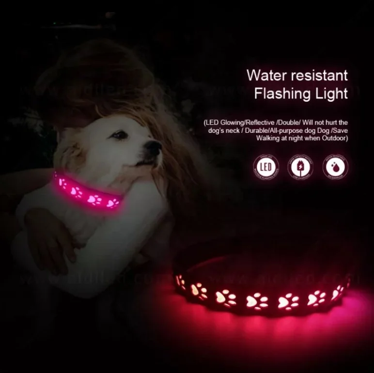 

New PU material hollow design adjustable LED dog collars rechargeable PU training flashing pet collar leather collar for dogs, Black/green/red