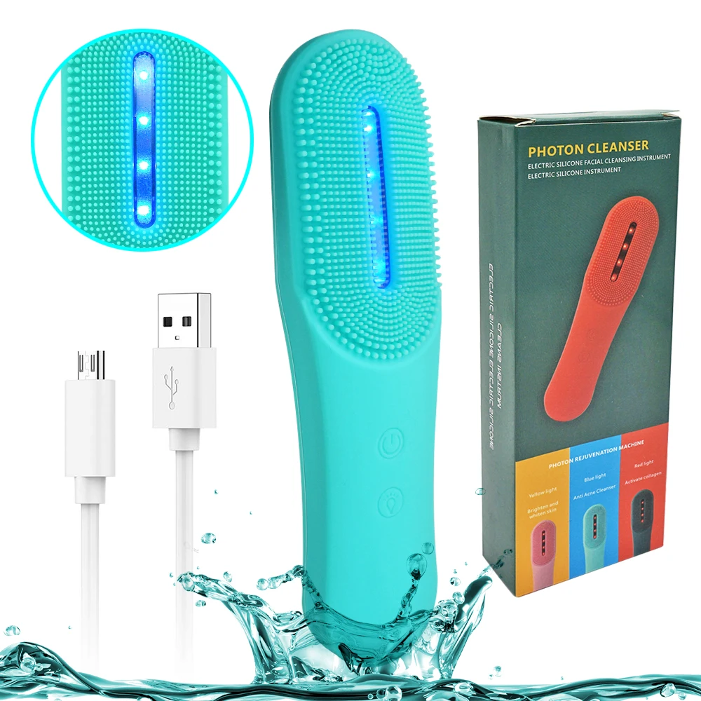 

3 color photon led light therapy silicone face scrubber exfoliating facial cleansing brush, Pink, orange, blue, green