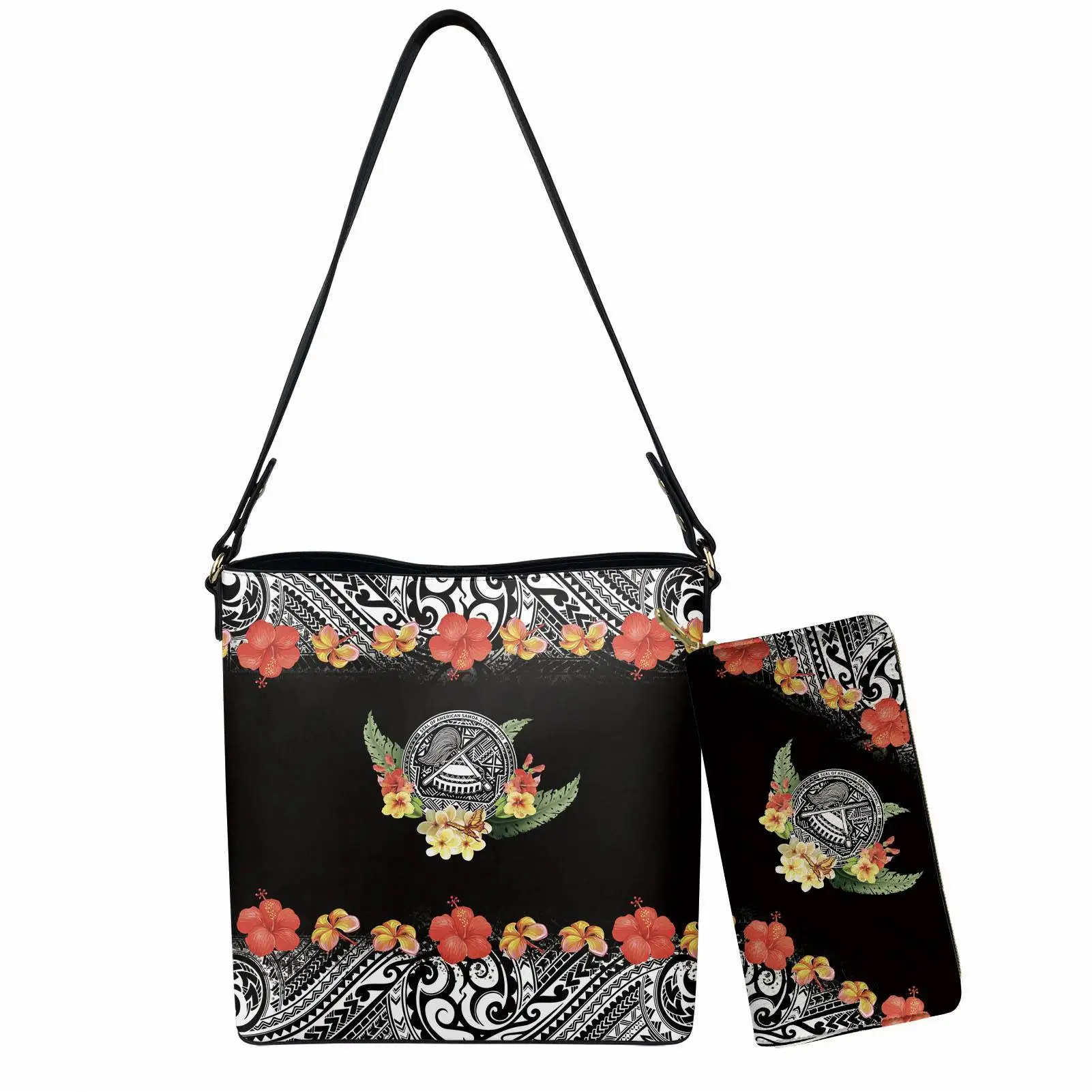 

Polynesian American Samoa Flower Printed Bags Women Handbags Sets 2pcs Top Handle Satchels Bucket Shoulder Bags and Purse Clutch, Accept custom made