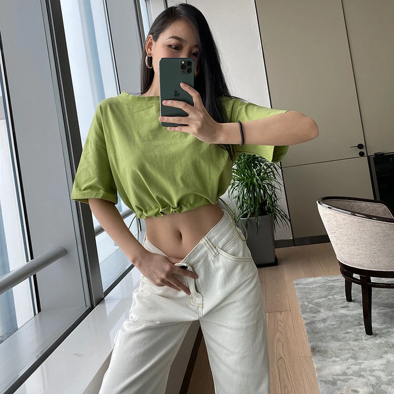 

2020 summer custom cotton crop top t-shirts women loose size solid color women's t-shirts