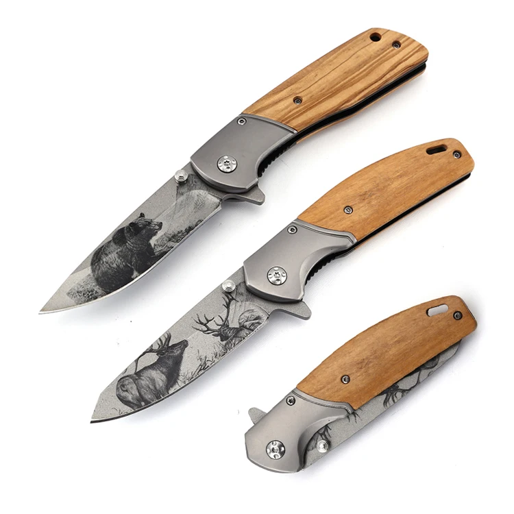 

3D Elk Bear titanium coated folding blade knife personalized laser engraved olive handle camping outdoor pocket knife customized