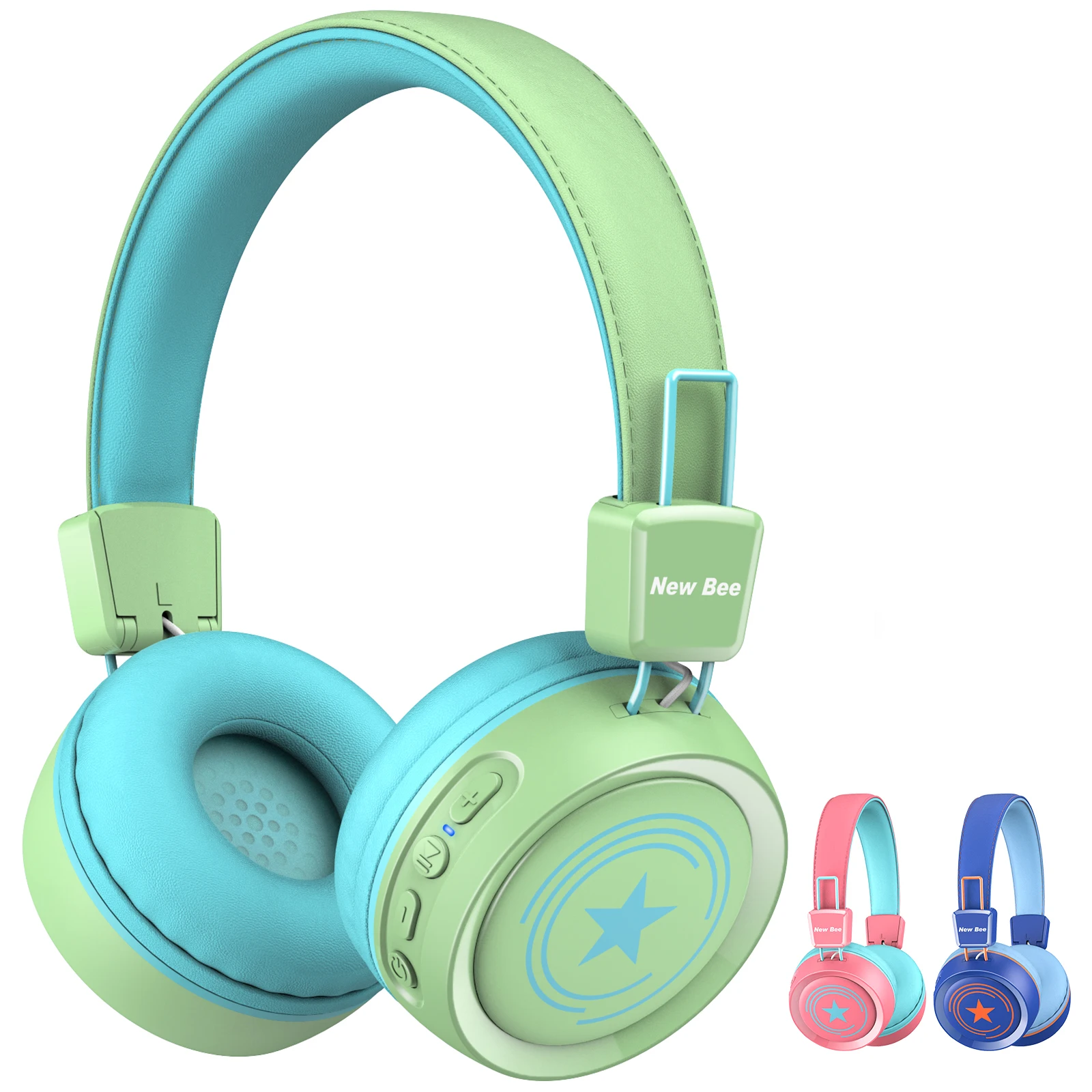 

New Bee New Design KH21B Noise Cancellation Kids Headset Bluetooth Headphones Wireless Earphones for Children, Blue/pink/green