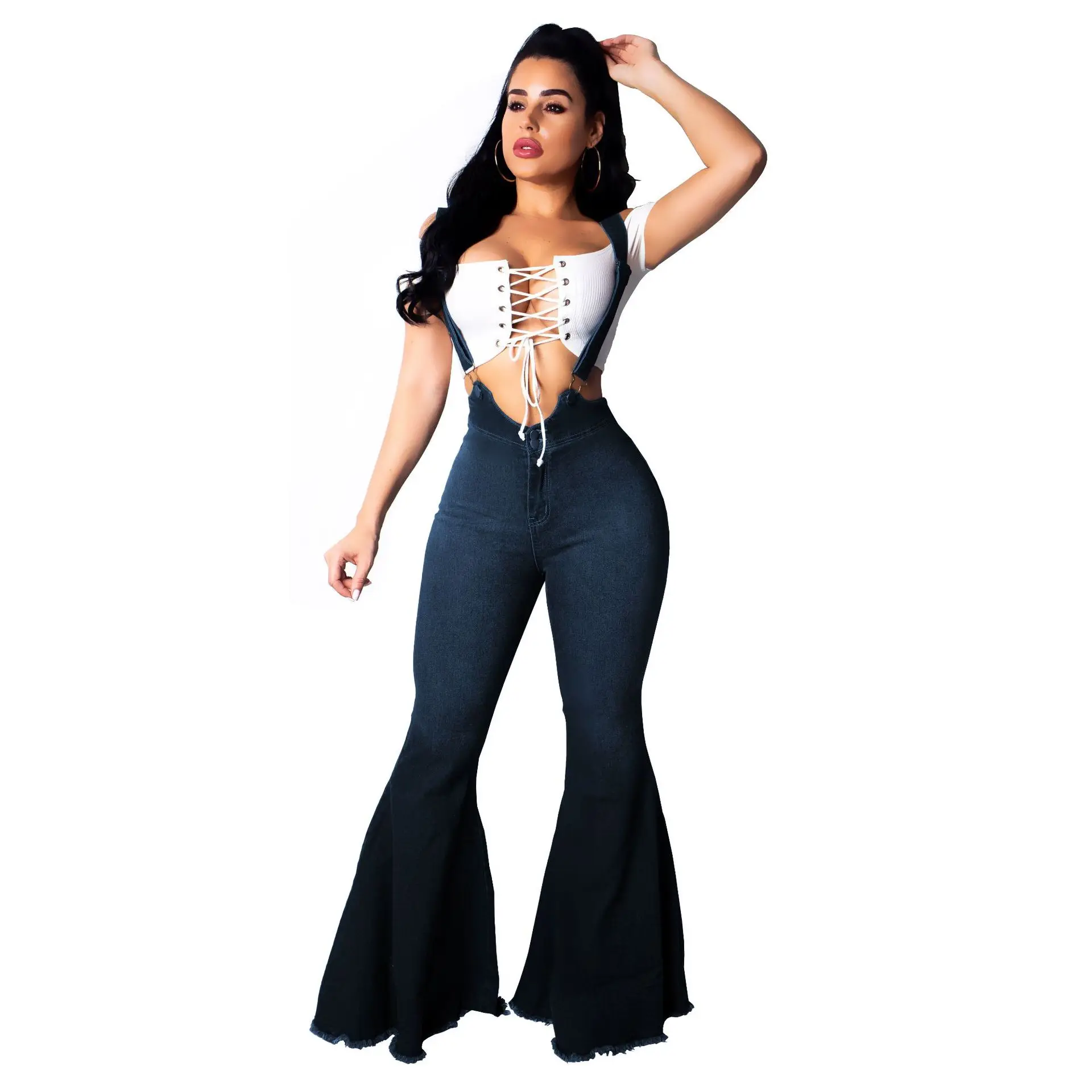 

fall winter overalls ladies jean washed stitching ripped holes high waisted skinny blue bell bottom sexy women jeans