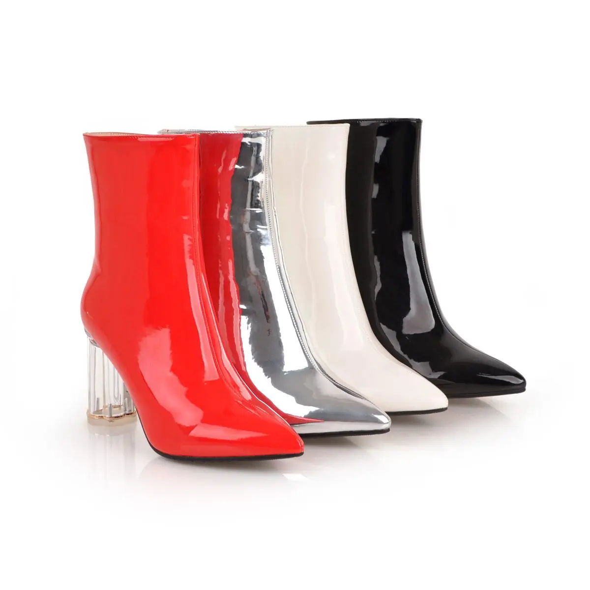 

MZX07-5120 New Design Ladies Elegant Sexy High Heels Pointed Block Heels Boots Shoes for Women, Black white red sliver