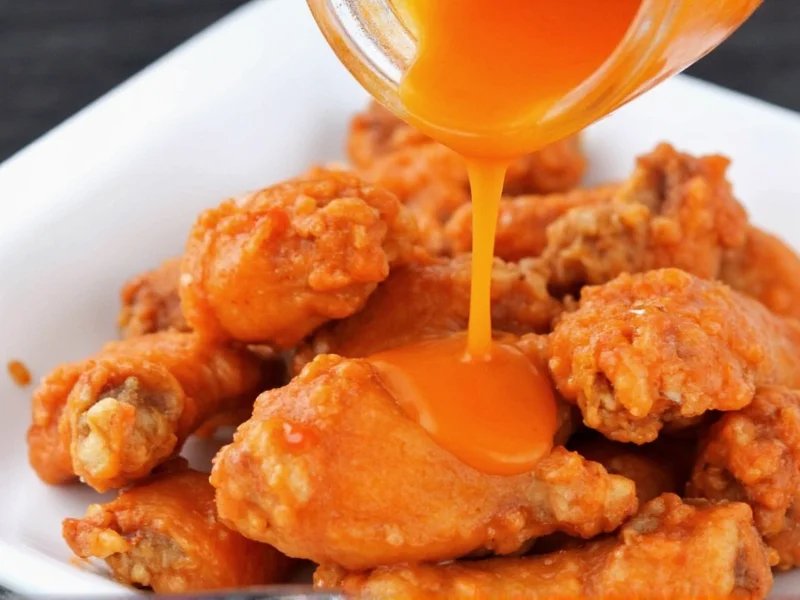 Homemade buffalo wing sauce being poured over crispy wings