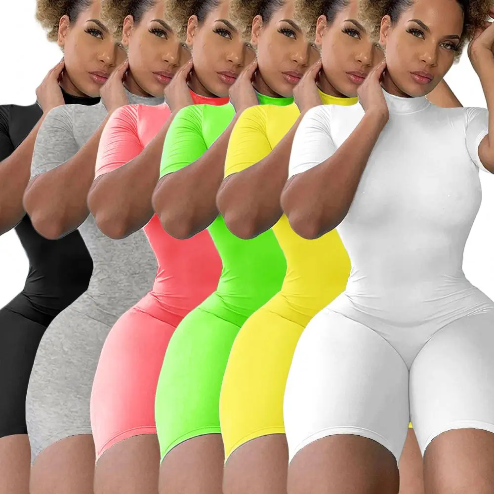 

ladies' jumpsuit Fashion casual Short sleeve Bodycon Solid Color Sports women jumpsuits One Piece Shorts rompers sexy jumpsuit, White,yellow,gray,black,green,pink