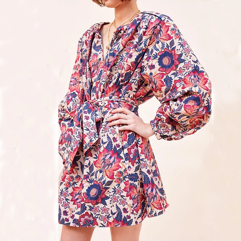 

Design summer dress 2021 new floral printing and dyeing high-waist lace-up V-neck short A-line dress, Photo color