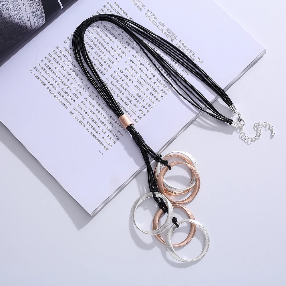 

TongLing necklace multi black rope layered strand adjustable two tone loop circle ring pendant necklace for women