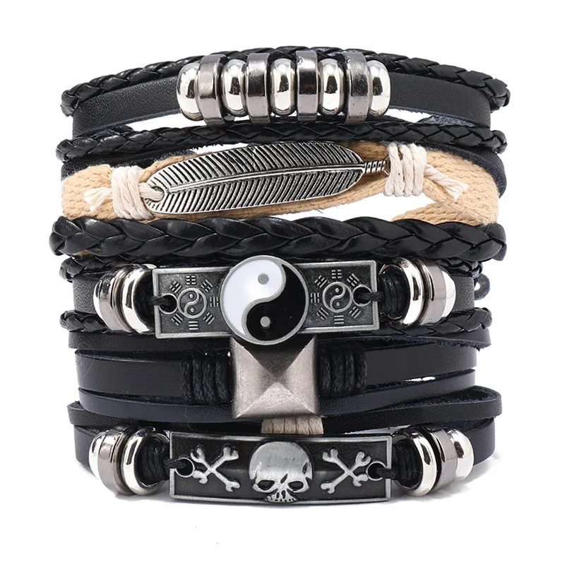 

Yin Yang Tai Chi Feather Men Bracelets Set Vintage Black Leather Charm Gothic Jewelry