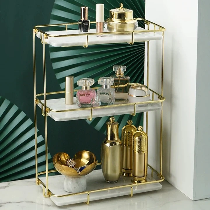 

3 Layers Gold Metal Marble Cosmetic Holder Rack Organizer, Metal(gold)+marble(dark green, volakas white, black marquina)