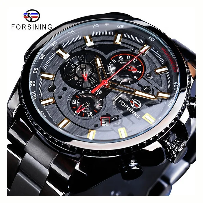 

New Arrivival Luxury Forsining Watch Military Sport Three Dial Calendar Display Stainless Steel Wrist Watches