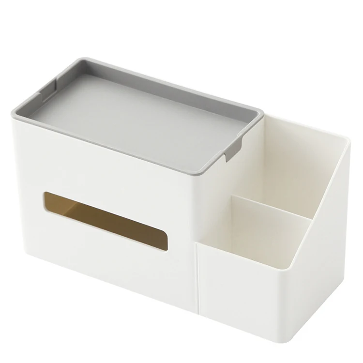 

China Factory High Quality Wholesale New Design Home Living Room Compartment Storage Box Multi Function Desktop Tissue Box, White grey