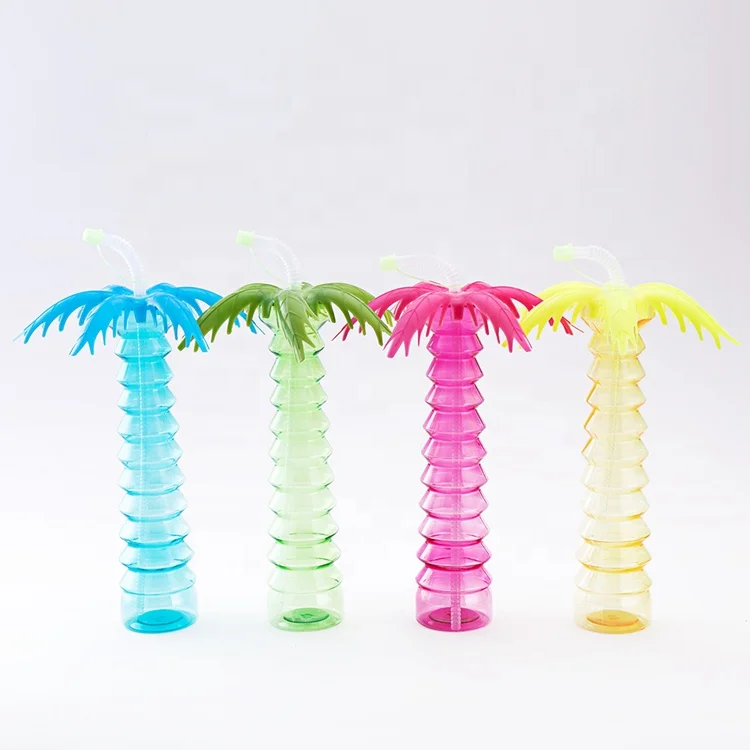 

2020 High Quality Hot Sale Cheap PET Plastic Palm Tree Drinking Slush Juice Yard Cup With Straw, Blue,green,yellow,pink,clear