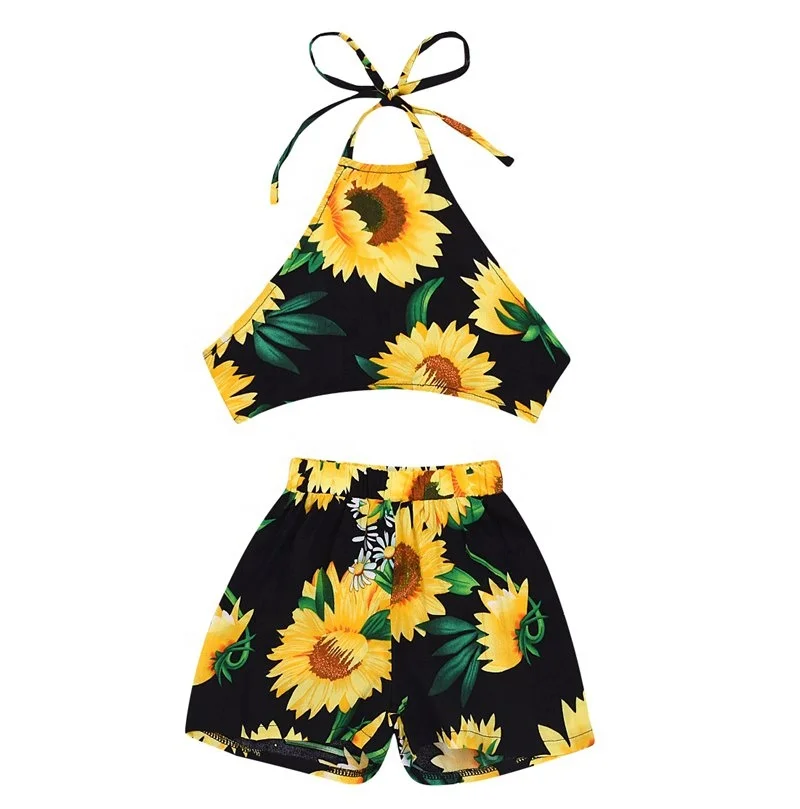 

Summer outfits clothes newborn infant strap crop tops shorts pants sunflowers full print baby girl clothes set