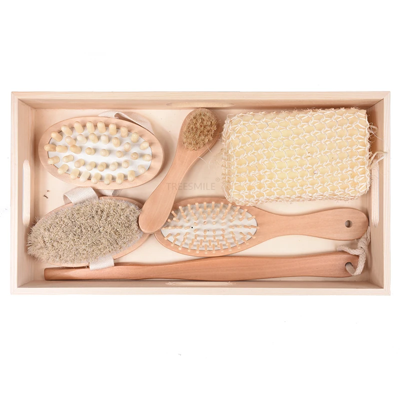 

TREESMILE high quality natural bath set bathroom bath brush spa body care products sets factory OEM logo Hotel shower set, Natural wood