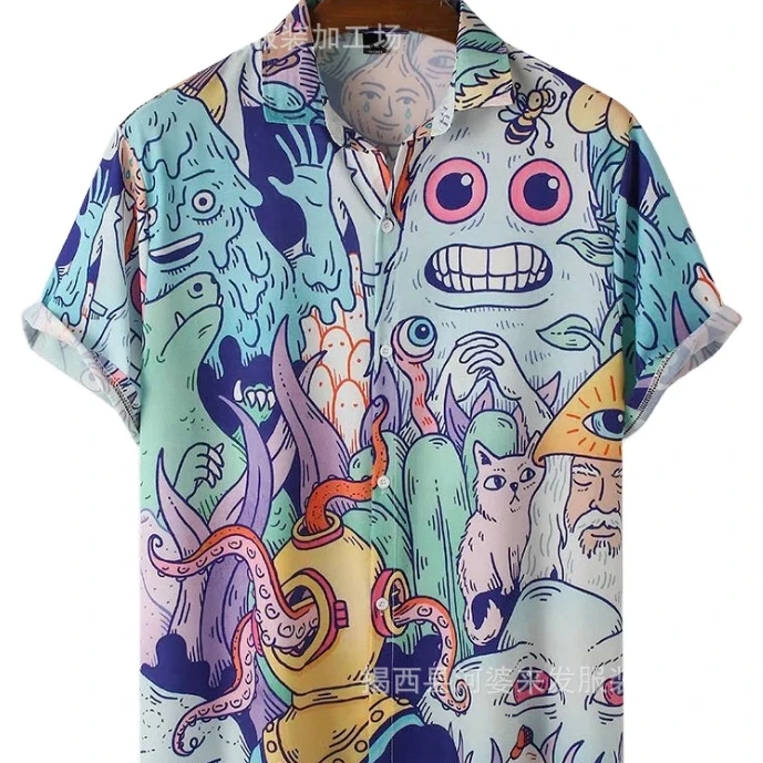 

2021 new design Summer Men cartoon Printed Shirt Short Sleeve Turn-down Collar Streetwear Chic Loose Mens Hawaiian Shirts 4XL