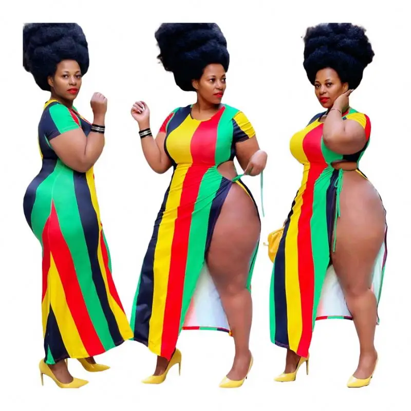 

Dresses CYC416 women clubwear 4XL contrast color striped summer plus size sexy split maxi dress, 1 color