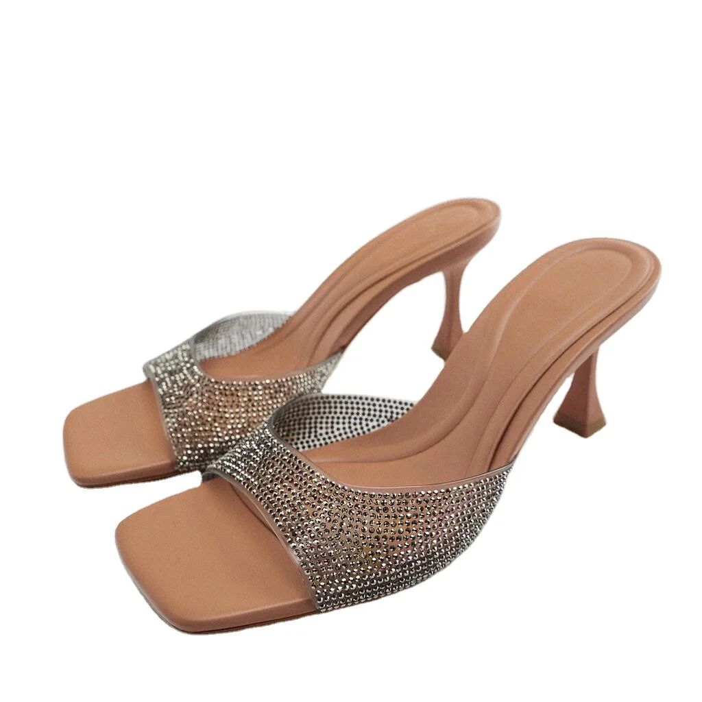 

Hot summer new products women's shoes square head comfortable slippers transparent PVC belt diamond fashion heels sandals