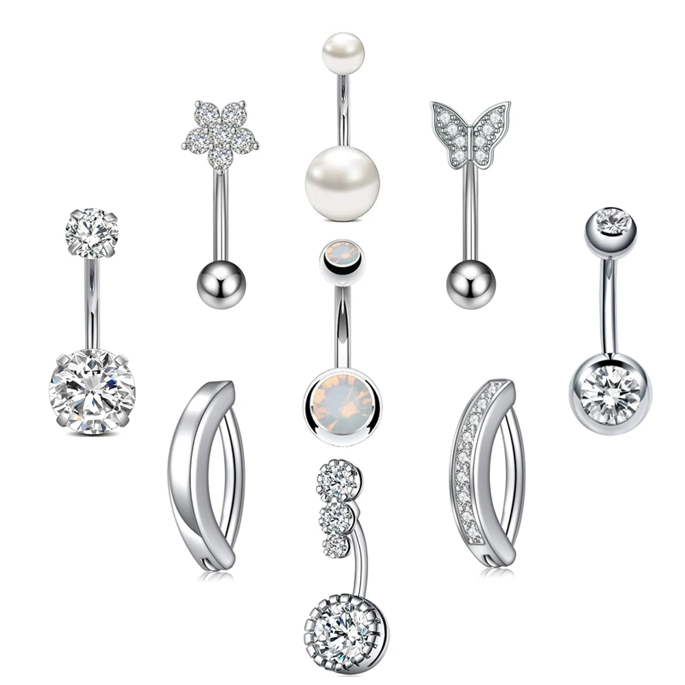Set 9 Surgical Steel Body Dangle Navel Piercing Butterfly Flower Half-Moon Inverted Pole Fashionable Piercing Stainless Steel