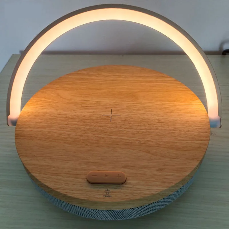 

christmas gift brightness adjustable wireless charging bedside wood desk lamp led wireless charger speaker portable