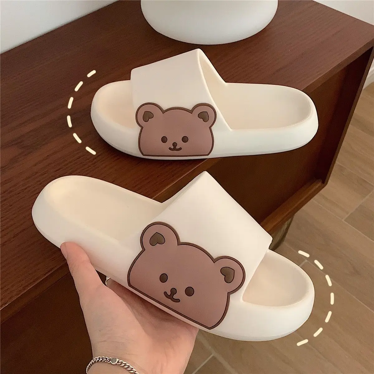 

Ladies House Shoes Flat Slippers For Women Indoor Bear Slippers, White,black
