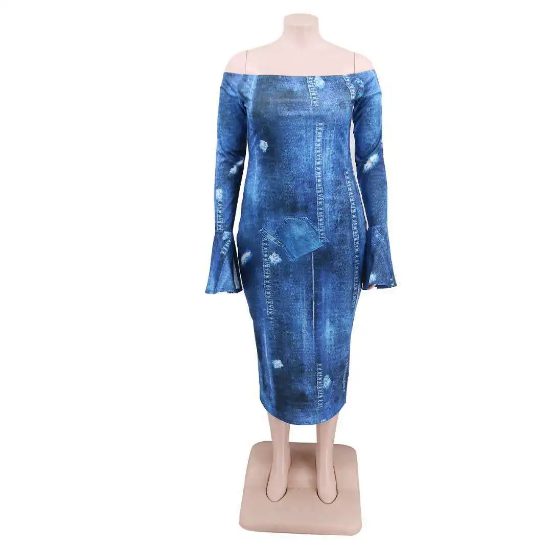 

autumn casual ladies dress with boat neck and long flared sleeves tie-dye print, Blue