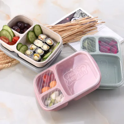 

2020 New Wheat straw microwave 3 compartment sealed Degradable lunch box with Lid for Adults and Children, Pink/green/beige/blue