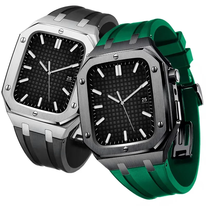 

Custom Luxury Stainless Steel Band Strap And Protective 45mm 44mm Watch Case For Apple Smart Iwatch Series 6/7/SE, Green, black, blue,gold, silver