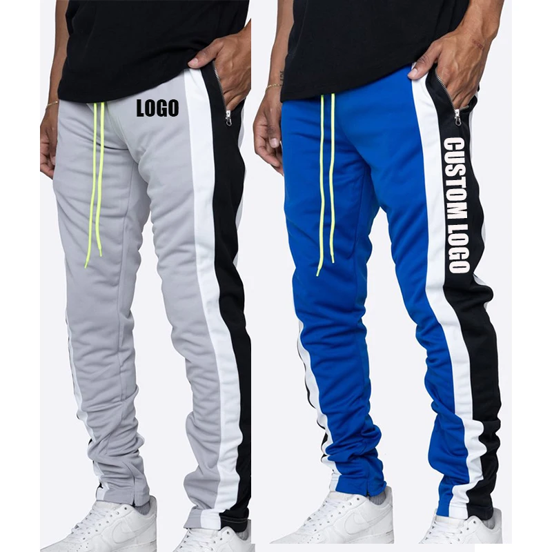 

Free Shipping Custom Men's Track Pants Polyester Drawstring Stripe Skinny Sweatpants Stacked Fashion Jogger Wear Pants, Customized color