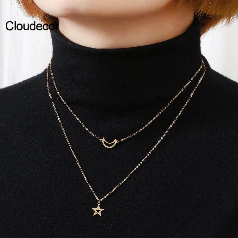 

Multi-Layer Moon And Star Pendant Necklace Chain Classic Stainless Steel Star Necklace Women Crescent Moon Layered Necklace Gold, 18k gold plated