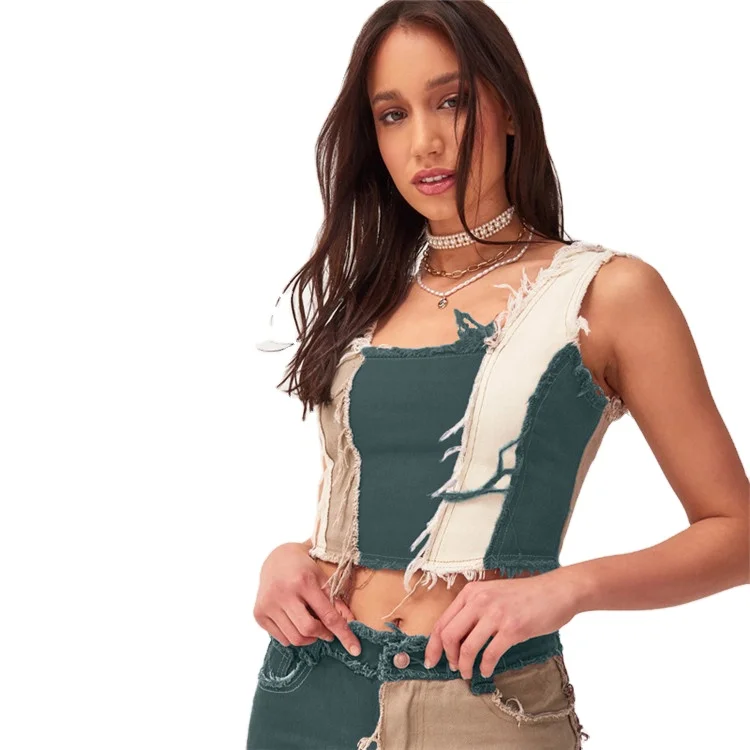 

Sexy Women Color Patchwork Denim Top Fall Fashion Women Short Sleeve Ladies Ribbed Blouse Denim T Shirt Crop Tank Top