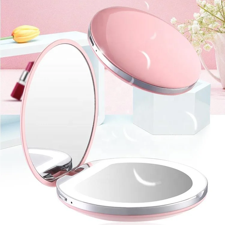 

Custom logo box Portable Mini Round Lady LED Makeup Mirror with USB, As picture