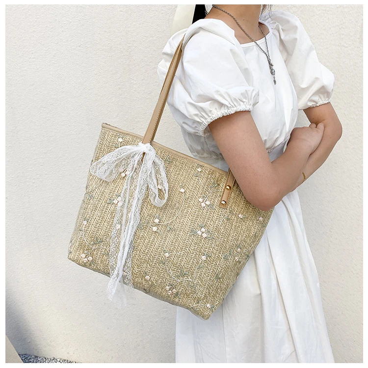 

Luxury Summer Rattan Straw Purse Beach Handbags for Women Bamboo Handmade Ladies Bag Vintage Gift Chains Tassel Embroidery Cross, Beige, khaki